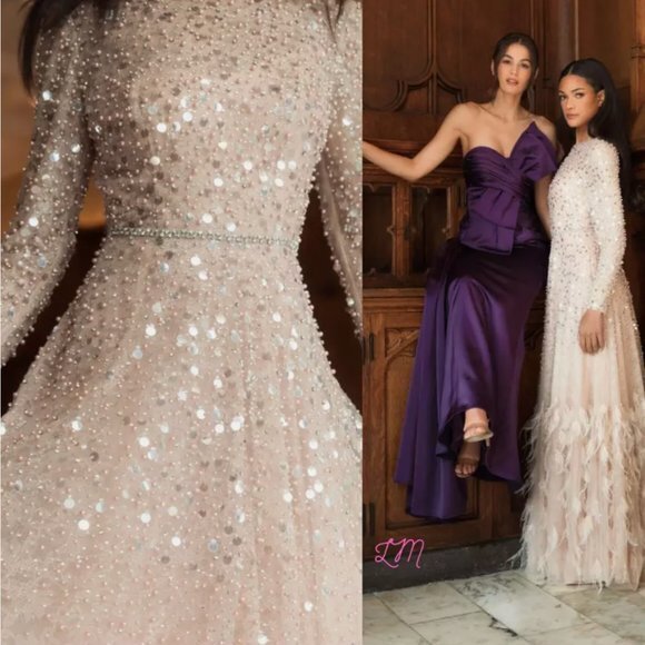 Mac Duggal 11782 Disc Embellished Sequin Gown Feathers Size 10 Dusty Rose - Picture 2 of 16